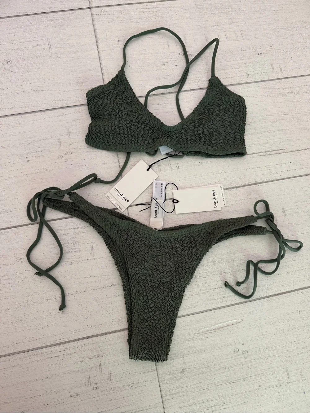 bond-eye Olive Green Textured Tie Bikini Set